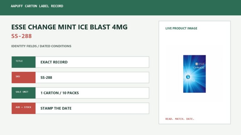 AAPuff carton label worksheet for ESSE Change Mint Ice Blast 4mg SS-288 with identity fields and the live pack image